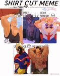  1boy abs all_might arm_behind_back armpits belt biceps blonde_hair blue_eyes blush bodysuit boku_no_hero_academia closed_eyes diadem fang fishnets highres large_pectorals leather leather_belt lifting looking_at_viewer male_focus manly mature_male meme muscular muscular_male nipple_piercing nipples open_mouth pants pectorals piercing ribbon scar scar_on_arm scar_on_stomach school_uniform shirt_cut_(meme) sleepy solo spiky_hair stormcallart tank_top teeth thick_arms tight toga torn_clothes twitter_username uniform 