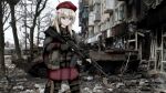  absurdres ak-74m ak74m_(girls&#039;_frontline) ammunition_belt assault_rifle beret black_legwear blonde_hair blue_eyes building camouflage_gloves destruction girls_frontline gun hair_ornament hat highres holding holding_gun holding_weapon kalashnikov_rifle kuro_ten7 long_hair looking_at_viewer military_operator photo_background red_star rifle rubble russian_flag signature skirt snowflake_hair_ornament solo standing tactical_clothes thigh-highs tree trigger_discipline war weapon 