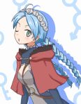  1girl ahoge bangs blue_eyes blue_hair braid capelet chest_harness choker fire_emblem fire_emblem_fates hairband harness hood hooded_capelet leather long_hair looking_at_viewer nina_(fire_emblem) one_eye_closed open_mouth reverse_(bluefencer) solo turtleneck twin_braids upper_body 