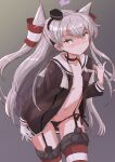  1girl amatsukaze_(kancolle) black_panties brown_dress brown_eyes commentary_request cowboy_shot dress flat_chest fuji_(pixiv24804665) garter_straps gloves gradient gradient_background grey_background grey_hair grey_neckerchief hair_tubes highres kantai_collection lifebuoy long_hair looking_at_viewer neckerchief open_clothes panties red_legwear sailor_dress short_dress single_glove smokestack_hair_ornament solo standing striped striped_legwear thigh-highs two_side_up underwear white_gloves 