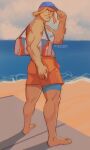  1boy all_might artist_name bag beach biceps blonde_hair blue_eyes boku_no_hero_academia clouds cloudy_sky hat highres long_hair looking_back male_focus male_swimwear male_underwear mature_male muscular muscular_male ocean pectorals sand shorts sky smile solo spiky_hair stormcallart tank_top teeth thick_arms thick_eyebrows thick_thighs thighs twitter_username underwear 