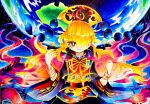  1girl blonde_hair bracelet chinese_clothes clenched_hand hair_over_one_eye hat highres ix6_vo jewelry junko_(touhou) long_hair looking_at_viewer nail_polish red_eyes red_nails ribbon shiny shiny_hair solo tabard touhou traditional_media wide_sleeves yellow_headwear yellow_ribbon 