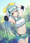  1girl bangs breasts dragon_girl dragon_horns elbow_pads fate/grand_order fate_(series) green_hair highres horns kamekichi_(kamekiti) kiyohime_(fate) kiyohime_(jurassic_dream)_(fate) long_hair looking_at_viewer medium_breasts multiple_horns navel short_shorts shorts smile solo yellow_eyes 