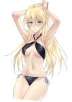  1girl alternate_costume armpits arms_behind_head bangs bikini black_bikini black_swimsuit blonde_hair blush breasts closed_mouth collarbone cropped_legs earrings english_commentary eyebrows_visible_through_hair girls_frontline green_eyes hand_in_own_hair highres jewelry long_hair looking_at_viewer medium_breasts navel presenting_armpit solo standing stg44_(girls&#039;_frontline) suprii swimsuit white_background 