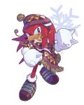  1boy artist_name boots capelet christmas evan_stanley fighting_stance frown gloves hat highres knuckles_the_echidna looking_to_the_side male_focus pointy_nose red_fur smirk snowflakes solo sonic_(series) violet_eyes 