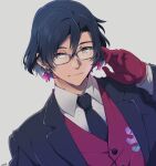  1boy black_hair black_jacket black_necktie closed_mouth collared_shirt commentary_request constantine_xi_(fate) earrings fate/grand_order fate_(series) glasses gloves grey_background hair_between_eyes highres jacket jewelry light_smile long_sleeves looking_away male_focus medium_hair mito_ryoi necktie red_gloves red_vest shirt signature simple_background solo upper_body vest white_shirt yellow_eyes 
