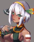  1girl asatsuki_(cookie) aztec bangs blush bob_cut breasts commentary cookie_(touhou) dark-skinned_female dark_skin eyebrows_visible_through_hair eyes_visible_through_hair feather_hair_ornament feathers gold_hairband green_eyes grey_background hair_between_eyes hair_ornament halter_top halterneck highres jewelry konpaku_youmu looking_at_viewer medium_breasts necklace open_mouth shimosuke short_hair simple_background solo touhou upper_body white_hair 