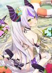  1girl absurdres ass bangs blush chain demon_girl demon_horns hair_between_eyes highres hololive horns la+_darknesss long_hair looking_at_viewer multicolored_hair open_mouth partially_submerged pointy_ears purple_hair solo spice_mega streaked_hair striped_horns tail very_long_hair virtual_youtuber yellow_eyes 
