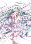  1girl bare_legs bare_shoulders blue_bow bow chinese_commentary closed_eyes commentary_request confetti dress dress_bow feet_out_of_frame frilled_dress frills gift green_hair hands_up happy hatsune_miku highres holding holding_gift long_hair open_mouth pink_bow pink_ribbon ribbon simple_background sleeveless sleeveless_dress smile solo teeth upper_teeth very_long_hair vocaloid white_background white_dress xiaonuo_(1906803064) yellow_bow 