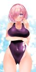  1girl bangs breasts covered_navel fate/grand_order fate_(series) hair_over_one_eye highleg highleg_swimsuit highres large_breasts light_purple_hair looking_at_viewer mash_kyrielight one-piece_swimsuit purple_swimsuit sabi1234 short_hair solo swimsuit thighs violet_eyes 