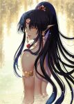  androgynous armlet ashura_(rg_veda) back black_hair earrings forehead_jewel high_ponytail highres jewelry lips long_hair looking_at_viewer necklace nenono nude parted_lips pointy_ears rg_veda solo upper_body wading water yellow_eyes 