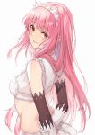  1girl absurdres arms_behind_back bangs bra breasts elbow_gloves eyebrows_visible_through_hair fate/grand_order fate_(series) from_side gloves highres holding_own_arm long_hair looking_at_viewer medb_(fate) midriff miniskirt parted_lips pink_hair shrug_(clothing) skirt small_breasts smile solo tiara underwear upper_body user_gaxk2333 white_background white_bra white_gloves white_skirt yellow_eyes 