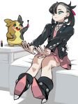  1girl bed bedroom black_hair black_jacket black_nails boots choker dress earrings gratin_gratin green_eyes hair_ornament highres jacket jewelry marnie_(pokemon) morpeko nail nail_polish on_bed pink_dress pokemon pokemon_(creature) pokemon_(game) pokemon_swsh simple_background sitting sitting_on_bed solo white_background 