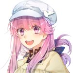  1girl :d ayaka_(disagree) bangs bird_hair_ornament character_request eyebrows_visible_through_hair hair_between_eyes hair_ornament hat long_hair pink_eyes pink_hair portrait shiny shiny_hair simple_background smile solo white_background white_headwear 