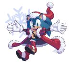  1boy artist_name blue_fur boots chest_belt christmas coat evan_stanley gloves green_eyes hat highres leather leather_belt looking_at_viewer male_focus open_mouth outstretched_arms pointy_nose santa_costume santa_hat smile snowflakes solo sonic_(series) sonic_the_hedgehog spread_arms teeth tongue 