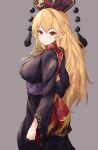  1girl absurdres black_dress blonde_hair breasts chinese_clothes crescent dress highres junko_(touhou) large_breasts long_hair looking_at_viewer orchid_(orukido) phoenix_crown red_eyes simple_background solo tabard touhou wide_sleeves 