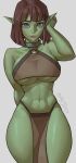  1girl abs absurdres adjusting_hair arm_behind_back blue_eyes brown_hair choker closed_mouth collarbone colored_skin female_orc green_skin grey_background highres looking_at_viewer m4rjinn navel o-ring orc original pointy_ears short_hair signature simple_background solo toned tusks 