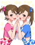  2girls :d blush brown_eyes brown_hair commentary_request from_side futami_ami futami_mami highres holding_hands idolmaster idolmaster_(classic) long_hair looking_at_viewer multiple_girls open_mouth saito_katuo short_hair siblings side_ponytail sisters smile twins 