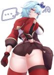  ... 1girl absurdres amber_(genshin_impact) amber_(genshin_impact)_(cosplay) ass blue_hair breasts brown_gloves brown_shorts clenched_hand cosplay eula_(genshin_impact) from_behind genshin_impact gloves highres hood hoodie kirima_(user_danf8787) large_breasts looking_at_viewer looking_back looking_down pouch red_hoodie red_legwear short_hair short_shorts shorts skindentation solo speech_bubble spoken_ellipsis thigh-highs white_background 