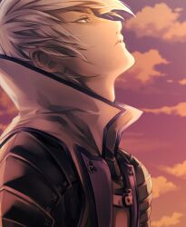  1boy armor clouds cloudy_sky from_side green_eyes highres ishida_mitsunari_(sengoku_basara) japanese_armor jinbaori looking_up makaron611 male_focus parted_lips portrait sengoku_basara sky solo sunset white_hair 