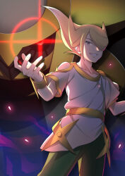  1boy blonde_hair bracelet commentary_request giratina green_pants grey_eyes grin hair_over_one_eye highres jewelry male_focus pants pokemon pokemon_(creature) pokemon_legends:_arceus shirt short_sleeves smile taba_neruko teeth volo_(pokemon) white_shirt 