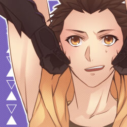  2boys :d arms_up black_gloves brown_eyes brown_hair cheek_pinching gloves ishida_mitsunari_(sengoku_basara) makaron611 male_focus multiple_boys out_of_frame outline pinching portrait purple_background sengoku_basara short_hair sleeveless smile solo_focus sweatdrop teeth tokugawa_ieyasu_(sengoku_basara) upper_teeth_only white_outline 