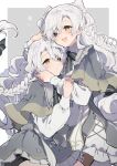  2girls arbell_(ikeuchi_tanuma) bangs black_bow black_bowtie blush bow bowtie capelet closed_mouth cowboy_shot dress expressionless fang fluffy frilled_dress frills grey_capelet grey_dress hair_between_eyes hair_bow head_hug highres holding_another&#039;s_arm hug ikeuchi_tanuma long_braid long_hair looking_afar low-tied_long_hair multiple_girls open_mouth original school_uniform seraphina_(ikeuchi_tanuma) smile white_hair yellow_eyes 