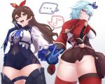  ... 2girls absurdres amber_(genshin_impact) amber_(genshin_impact)_(cosplay) ass blue_footwear blue_gloves blue_hair blue_shorts boots breasts brown_eyes brown_gloves brown_hair brown_shorts clenched_hand cosplay costume_switch eula_(genshin_impact) eula_(genshin_impact)_(cosplay) eyebrows_visible_through_hair genshin_impact gloves hair_ribbon high-waist_shorts highres hood hoodie kirima_(user_danf8787) large_breasts looking_at_viewer looking_back looking_down medium_breasts multiple_girls musical_note pouch red_hoodie red_legwear red_ribbon ribbon shirt short_hair short_shorts shorts skindentation smile speech_bubble spoken_ellipsis spoken_musical_note thigh-highs thigh_boots v white_background white_shirt 