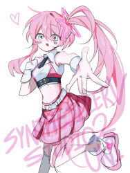  1girl :d belt black_necktie blue_eyes character_name collar commentary_request copyright_name crop_top foot_up hair_between_eyes hair_ornament highres hwagwan_(flower_crown00) korean_commentary long_hair looking_at_viewer necktie open_mouth pink_hair pink_skirt pink_theme pleated_skirt red_pupils shirt shoes side_ponytail skirt sleeveless sleeveless_shirt smile solo star_(symbol) star_hair_ornament synthesizer_v uni_(synthv) uni_(vocaloid) vocaloid white_background white_belt white_shoes 