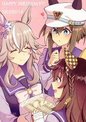  3girls animal_ear_headwear blue_eyes bow bowtie box braid brown_hair buena_vista_(umamusume) cheval_grand_(umamusume) closed_mouth dated ear_covers eating food grey_hair happy_birthday hat hi_(ibisf5umauma) highres holding holding_box light_blush long_hair long_sleeves multicolored_hair multiple_girls open_mouth pink_background purple_shirt sailor_collar shirt short_hair single_braid smile streaked_hair toothpick twitter_username umamusume upper_body vector_trace watermark white_hat wonder_acute_(umamusume) 