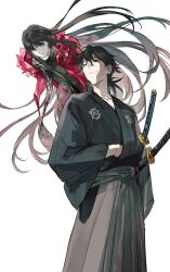  1boy 1girl absurdres black_eyes black_hair black_scarf fate/grand_order fate_(series) floating grey_hakama hakama hat highres jacket japanese_clothes katana long_hair long_sleeves low_ponytail mimulishizi oryou_(fate) ponytail red_eyes sakamoto_clan_(emblem) sakamoto_ryouma_(fate) scarf simple_background smile sword very_long_hair weapon white_background 