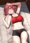  1girl arm_up armpits bare_arms bare_shoulders black_shorts breasts collarbone crop_top eyes_visible_through_hair frown hair_ornament hairclip karutamo large_breasts long_hair looking_at_viewer lying midriff navel on_back open_mouth original red_eyes red_sports_bra redhead short_shorts shorts sidelocks sleeveless solo sports_bra stomach sweat taut_clothes thighs twintails 
