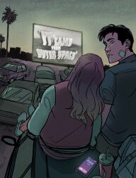  1boy 1girl bandaid bandaid_on_face car commentary cup dc_comics english_commentary gabriel_picolo highres jacket long_hair looking_at_another motor_vehicle on_car outdoors palm_tree parted_lips phone robin_(dc) shirt short_hair starfire t-shirt teen_titans tree 