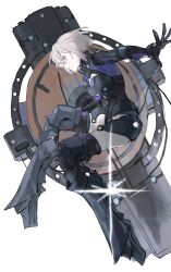  1girl absurdres armor armored_boots armored_leotard black_armor black_gloves boots fate/grand_order fate_(series) full_body gauntlets gloves grey_hair highres holding holding_shield leotard looking_at_viewer mash_kyrielight mash_kyrielight_(ortenaus) mimulishizi mold_camelot profile shield short_hair simple_background solo violet_eyes white_background 