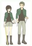  1boy 1girl 7100potechi arms_at_sides bangs black_footwear black_hair black_shirt bob_cut boots border cropped_jacket dual_wielding green_hair green_jacket grey_pants grey_shorts hand_on_hilt height_difference holding holding_sword holding_weapon jacket knee_boots kon_yuka long_sleeves looking_at_another looking_down looking_to_the_side murakami_kou pants pants_tucked_in shirt short_hair shorts side-by-side smile spiky_hair standing sword uniform v-neck weapon white_background world_trigger 