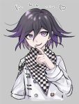  1boy bangs black_hair buttons checkered_clothes checkered_scarf cropped_torso danganronpa_(series) danganronpa_v3:_killing_harmony double-breasted eyebrows_visible_through_hair grey_background grey_jacket hair_between_eyes highres index_finger_raised jacket long_sleeves male_focus multicolored_hair open_mouth ouma_kokichi pink_eyes pink_hair scarf seishideriumu shiny shiny_hair simple_background smile solo two-tone_hair unmoving_pattern upper_body 