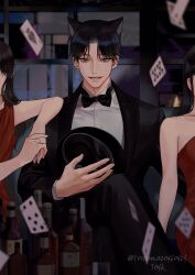  1boy 2girls ace_(playing_card) alcohol arm_on_another's_shoulder bare_shoulders black_bow black_bowtie black_hair black_hat black_jacket blurry blurry_background blurry_foreground bow bowtie card collarbone commentary cowboy_shot dress english_commentary faceless faceless_female grey_eyes hat hetero highres holding holding_hat holding_unworn_clothes jacket long_hair male_focus multiple_girls open_clothes open_jacket original own_hands_together parted_lips playing_card red_dress shirt short_hair sitting smile solo_focus strapless strapless_dress teeth thick_lips toscana20460423 white_shirt 