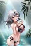  1girl :d bikini black_bikini black_hair bow breasts fang grey_hair hair_ornament hairclip highres holding holding_hair hololive large_breasts leaf long_hair looking_at_viewer multicolored_hair navel open_mouth red_bikini red_bow red_eyes sakamata_chloe side-tie_bikini smile solo stomach streaked_hair sunano_reona swimsuit virtual_youtuber wading water wet x_hair_ornament 