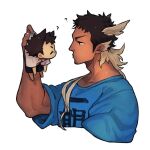  2boys ? animal_ears bird_ears blue_shirt blush brown_hair chibi closed_eyes closed_mouth clothes_writing cropped_torso dark-skinned_male dark_skin facial_hair goatee head_wings hermes_(housamo) holding male_focus master_1_(housamo) mid_(mid_skb) multiple_boys muscular muscular_male shirt short_hair sideburns sweatdrop tokyo_afterschool_summoners white_background 