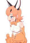  1girl :d animal_ear_fluff animal_ears bare_shoulders blue_eyes bow bowtie breasts caracal_(kemono_friends) commentary elbow_gloves extra_ears eyes_visible_through_hair gloves highres kemono_friends looking_away masuyama_ryou medium_breasts medium_hair open_mouth orange_gloves orange_hair orange_skirt shirt simple_background skirt sleeveless sleeveless_shirt smile solo tail white_background white_shirt 