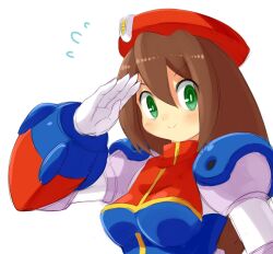  1girl android beret blush breasts brown_hair dress gloves green_eyes hair_between_eyes hat iris_(mega_man) kamiyama_teten long_hair looking_at_viewer low-tied_long_hair medium_breasts mega_man_(series) mega_man_x4 mega_man_x_(series) multicolored_dress red_hat salute simple_background smile solo very_long_hair white_gloves 