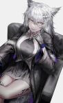  1girl absurdres akqne animal_ears arknights armchair black_jacket black_shirt chair feet_out_of_frame grey_eyes grey_hair hair_between_eyes hair_ornament hairclip hand_up highres jacket lappland_(arknights) lappland_(refined_horrormare)_(arknights) long_hair long_sleeves looking_at_viewer official_alternate_costume open_clothes open_jacket oripathy_lesion_(arknights) parted_lips scar scar_across_eye sharp_teeth shiny shiny_hair shirt simple_background skull_ornament solo tail teeth white_background wolf_ears wolf_girl wolf_tail 