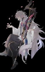  1boy absurdres bishounen black_background black_pants black_shoes closed_mouth crossed_legs fate/grand_order fate_(series) from_side hair_ornament highres holding holding_staff invisible_chair male_focus merlin_(fate) mimulishizi pants petals profile robe shoes simple_background sitting solo staff violet_eyes white_hair white_robe wide_sleeves 