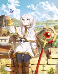  1girl arm_at_side artist_name belt black_belt black_pantyhose blue_sky boots brown_boots bug butterfly capelet cityscape clouds commentary day dress earrings elf english_commentary feet_out_of_frame frieren glint green_eyes grey_hair hand_up highres jewelry long_hair long_sleeves looking_at_animal looking_up mage_staff outdoors pantyhose parted_bangs pointy_ears purple_butterfly sitting sky solo sousou_no_frieren thick_eyebrows twintails waligner white_capelet white_dress 