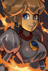  1girl artist_name blonde_hair blue_eyes breasts bright_pupils brooch dress earrings fire fire_peach jewelry large_breasts long_hair looking_at_viewer official_alternate_costume orlek ponytail princess_peach puffy_short_sleeves puffy_sleeves short_sleeves solo sphere_earrings super_mario_bros. upper_body white_dress white_pupils 