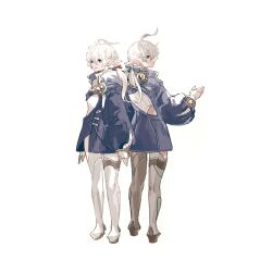  1boy 1girl ahoge alisaie_leveilleur alphinaud_leveilleur back-to-back blue_coat blue_ribbon boots brother_and_sister c3ure clothing_cutout coat elezen elf final_fantasy final_fantasy_xiv full_body grey_boots hair_between_eyes hair_ribbon highres long_sleeves low_ponytail pointy_ears ponytail puffy_long_sleeves puffy_sleeves red_ribbon ribbon siblings white_background white_boots white_hair 