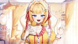  1girl :d ad bag bed bedroom blonde_hair blunt_bangs bow bow_choker choker collarbone commentary_request cross-shaped_pupils curtains dress food frilled_wrist_cuffs frills hair_ornament hair_ribbon hairclip hand_up hash_browns highres holding holding_food indoors lamp looking_at_viewer maid_headdress mcdonald&#039;s mirror ninahachi official_art paper_bag photo_(object) polaroid_photo product_placement promotional_art red_choker red_nails ribbon second-party_source shelf sitting smile solo straight-on symbol-shaped_pupils table vanity_table virtual_youtuber waving white_wrist_cuffs window wrist_cuffs yellow_dress yellow_nails 