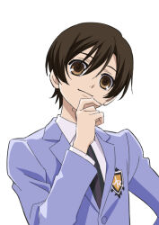  1girl androgynous black_necktie blazer brown_eyes brown_hair closed_mouth collared_shirt fujioka_haruhi hand_on_own_chin hand_up jacket long_sleeves looking_at_viewer necktie ouran_high_school_host_club ouran_high_school_uniform reverse_trap school_uniform shirt short_hair simple_background smile solo upper_body white_background white_shirt yoko.u 