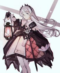  1girl absurdres arknights black_gloves black_jacket blue_background blue_eyes bug chinese_commentary chromatic_aberration closed_mouth commentary_request earrings feet_out_of_frame fire front-seamed_legwear gloves grey_hair gun head_wings high-waist_skirt highres holding holding_lantern irene_(arknights) jacket jewelry kellairis lantern layered_skirt long_hair long_sleeves looking_at_viewer moth pantyhose pink_fire pink_skirt puffy_long_sleeves puffy_sleeves rapier revision scar scar_across_eye scar_on_face seamed_legwear sheath sheathed skirt solo standing sword weapon white_pantyhose white_skirt wings 