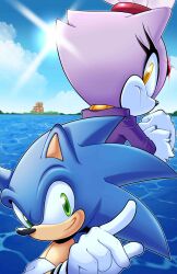 1boy 1girl absurdres animal_ears blaze_the_cat blue_fur day furry furry_female furry_male gloves green_eyes highres jacket novika outdoors purple_fur purple_jacket sonic_(series) sonic_rush sonic_rush_adventure sonic_the_hedgehog water white_gloves yellow_eyes